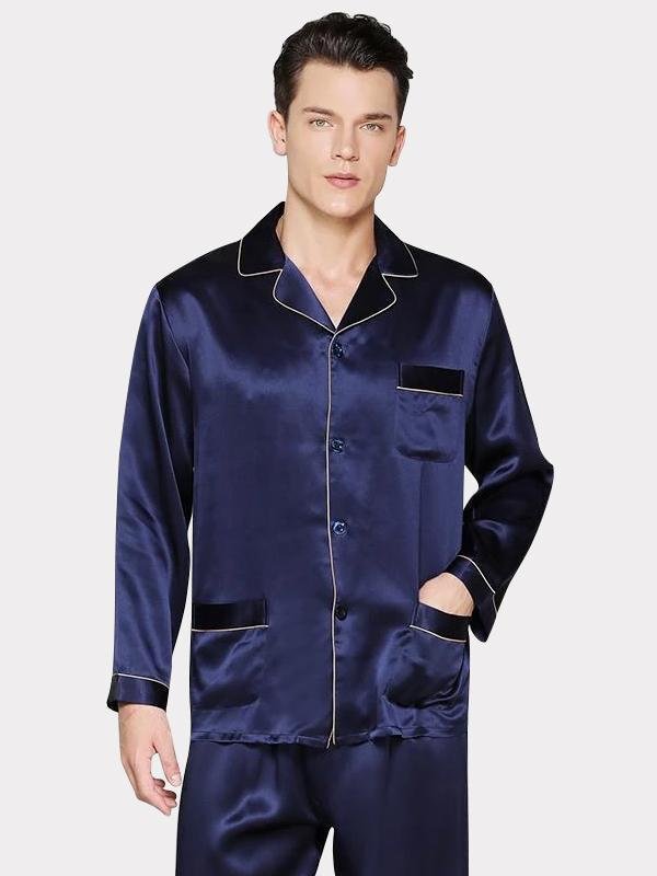 22 Momme High Quality Men's Luxury Navy Blue Long Silk Pajamas with Trimming-Real Silk Life