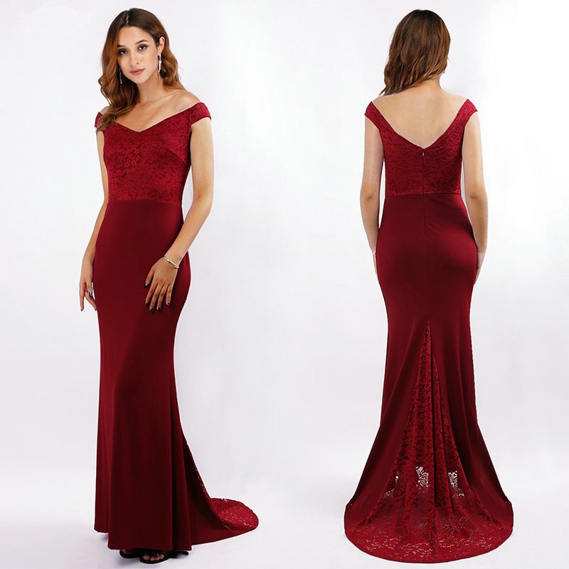 Burgundy Off-the-Shoulder Lace Mermaid Prom Dress