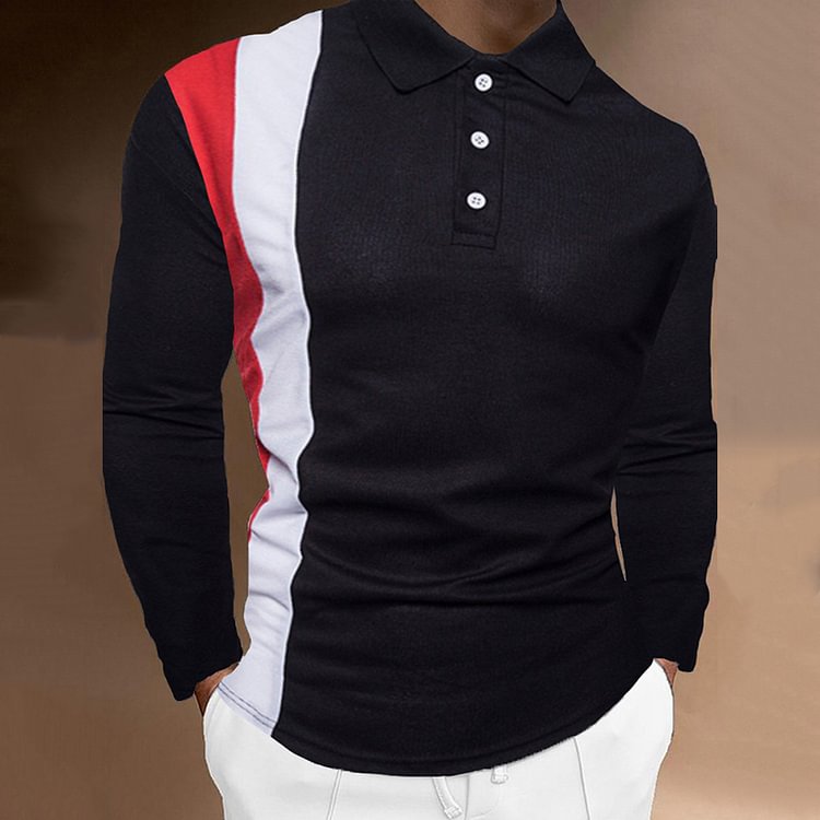 BrosWear Men's Golf Casual Contrast Color Long Sleeve Polo Shirt Black