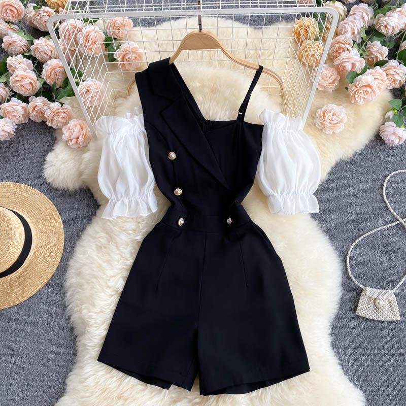 Off Shoulder Puff Sleeve Rompers P13637