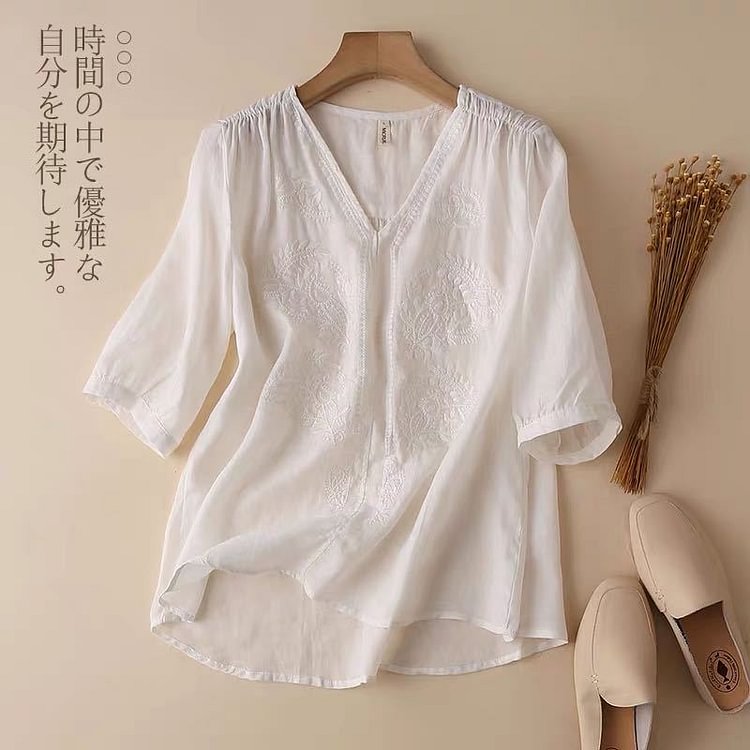 Women's Cotton linen embroidered T-shirt Plus size loose Minimalism V collar thin temperament bottoming Shirt Blouses