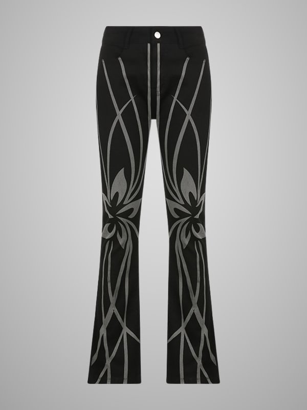 Gothic Dark Street Floral Printed Slim Flare Straight Pants