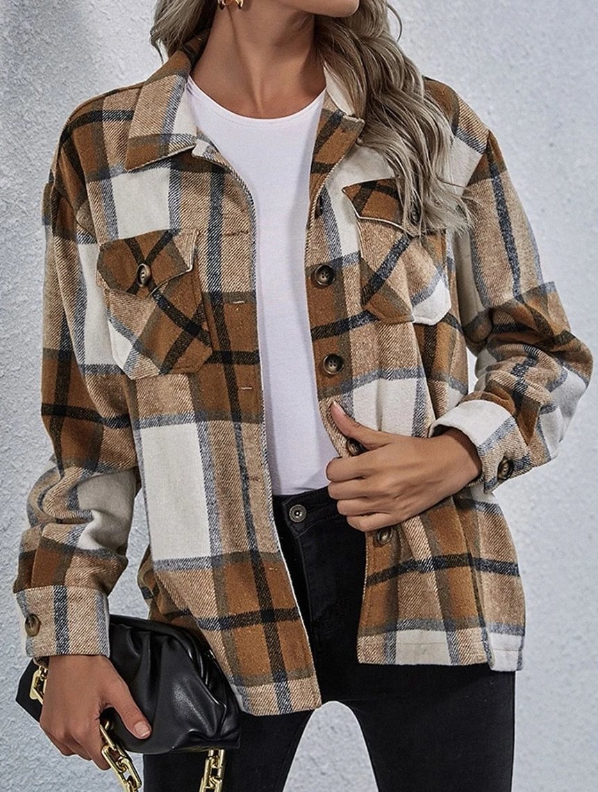 Fall/Winter Woolen Lapel Loose Women's Plaid Jacket-Corachic