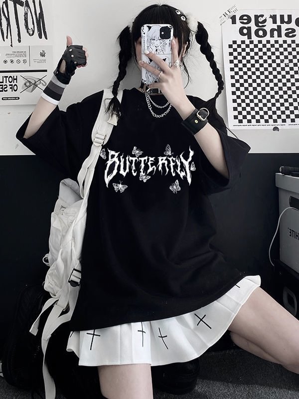 Goth Dark Letter & Butterfly Printed Color Block Loose T-shirt