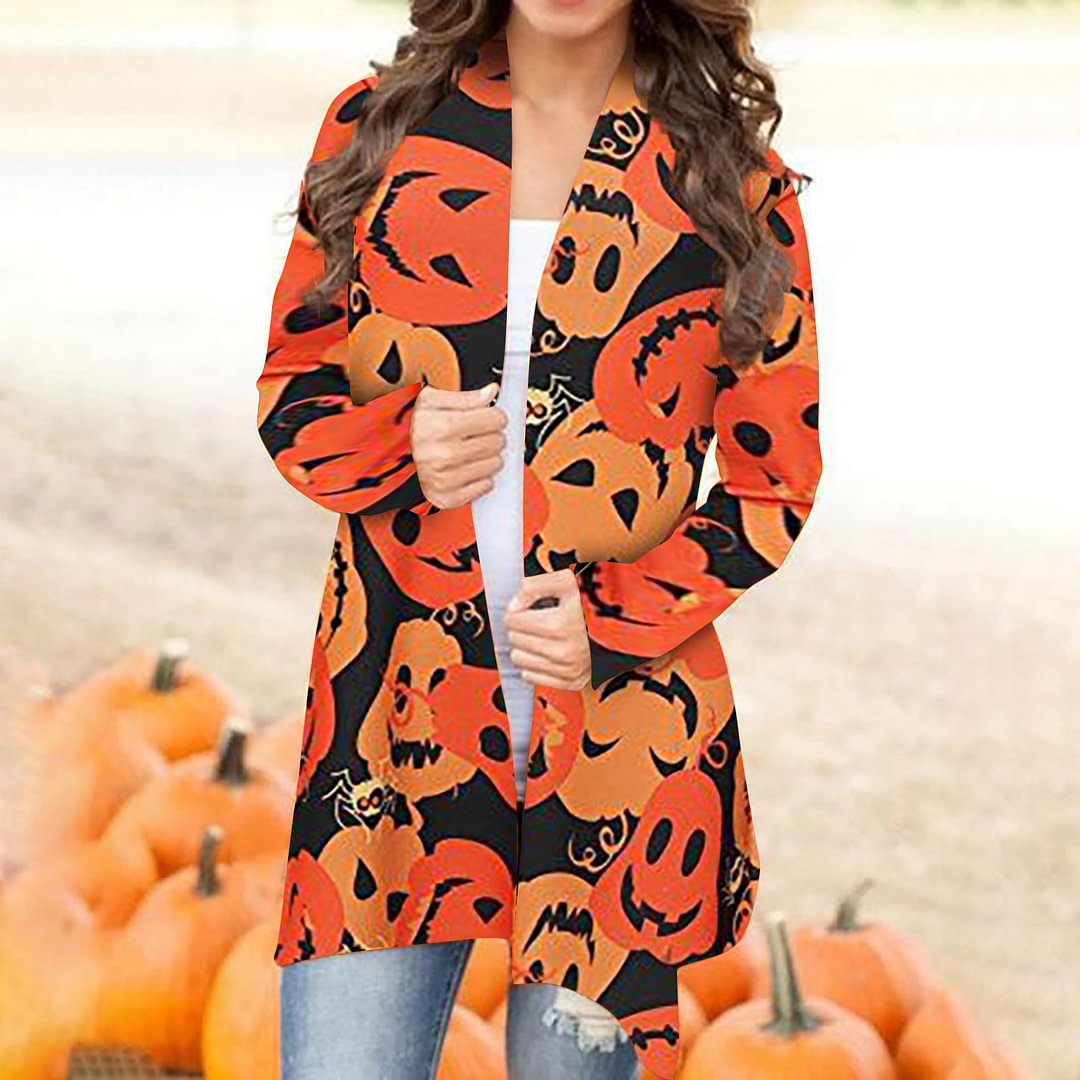 Pumpkin Printed Women Halloween Cardigan Coat For Halloween