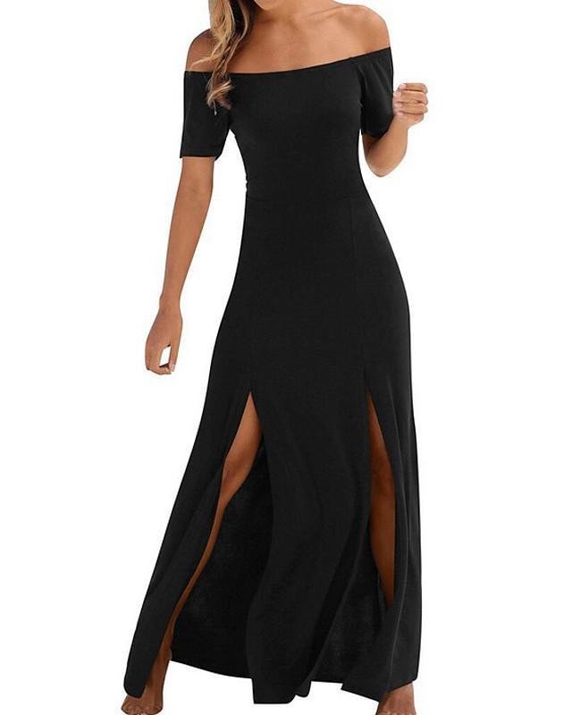 Women's A-Line Dress Maxi long Dress Short Sleeve Solid Color Summer Sexy  Black S M L XL-Corachic