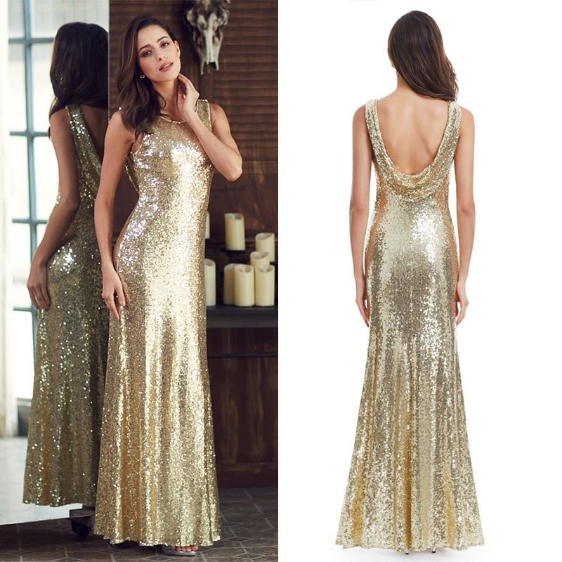 Gorgeous Gold Sequins Prom Dress Mermaid Drop Back Evening Gowns