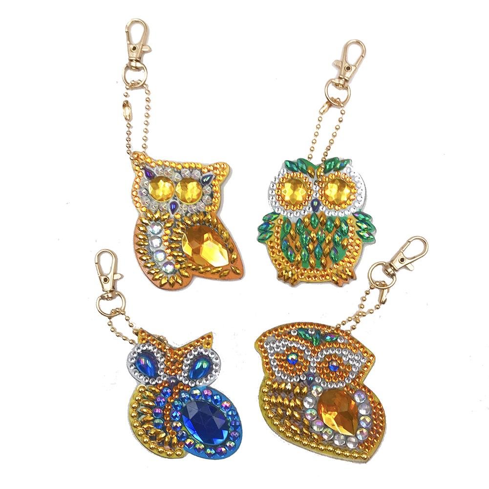 4pcs DIY Full Drills Diamond Painting Crystal Rhinestone Owl Pendants Key Chains