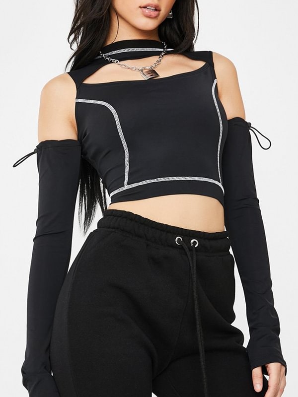 Statement Sexy Cutout Drawstring Off The Shoulder Slim Long Sleeve Crop Top