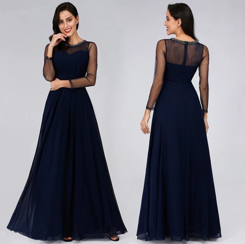 Elegant Navy Evening Gowns Chiffon Sheer Long Sleeve Prom Dress Online