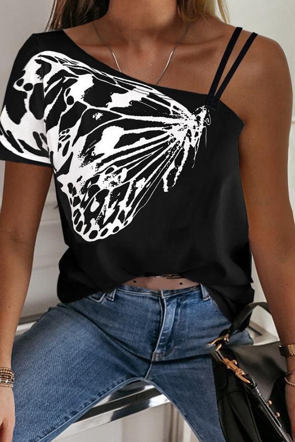 Butterfly Printed One-shoulder Strap T-shirt (2 Colors) P10388