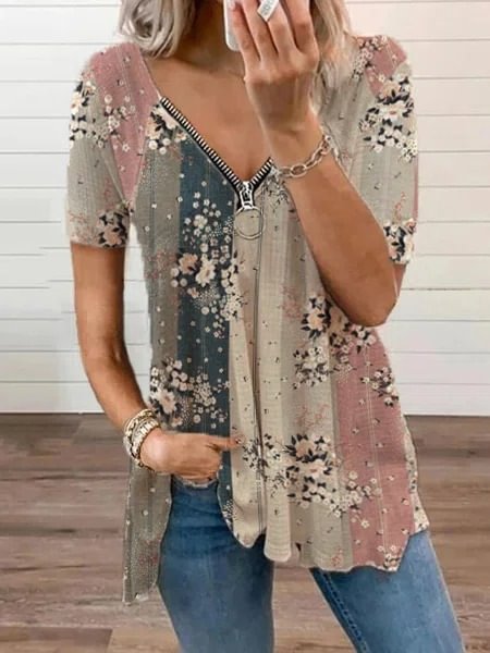 Vintage Floral Printed Zipper Casual T-shirt