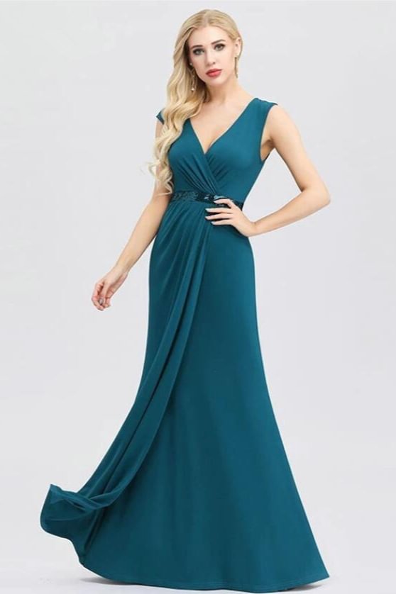 Elegant V-Neck Teal Sleeveless Prom Dress Long Sequins Evening Party Gowns Online