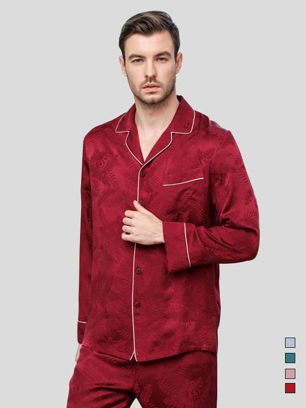 22 MOMME Pyjama en soie motif feuillage homme Rouge 1