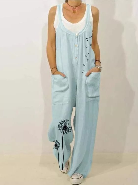 Pocket Butterfly Flower Print Casual Jumpsuit For Women