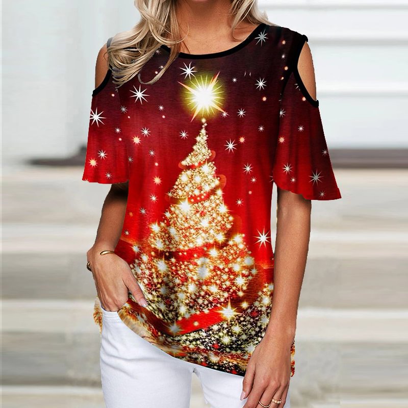 Retro Christmas Tree Pattern Printed Classic Women Off-shoulder T-shirt