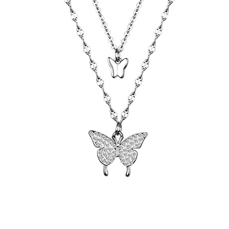 Double Layer Butterfly Silver Pendant Necklace