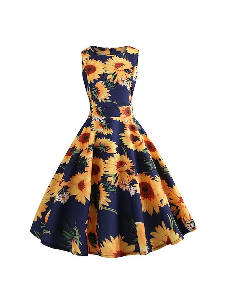 Mayoulove 1950s Dress Floral Sleeveless A-line Dress-Mayoulove