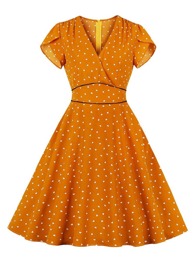 Mayoulove 1950s Dress Heart Pattern V Neck A-Line Dress-Mayoulove