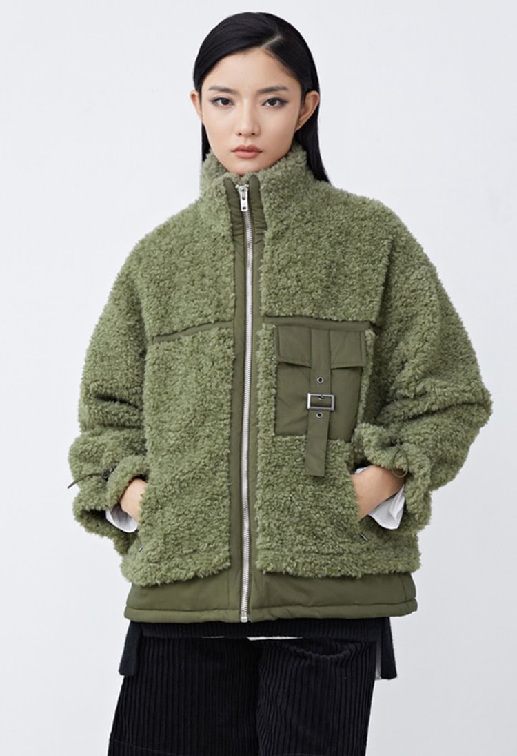 Women's personalized high-neck stitching drawstring lamb velvet short coat S21462216