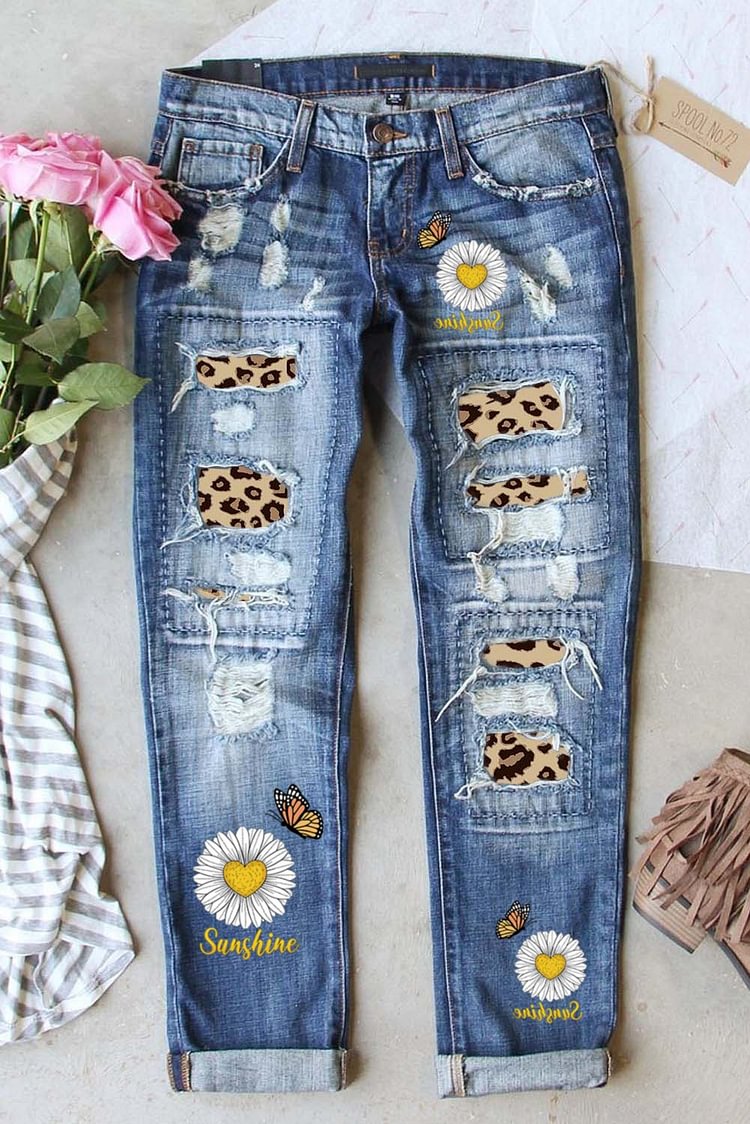 Women's Jeans Leopard Patchwork Daisy Mid Waist Straight Jeans-Mayoulove