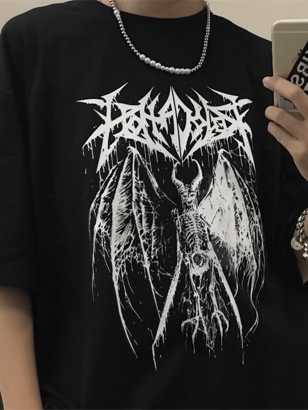 Goth Devil Skull Printed Crew Collar T-shirt