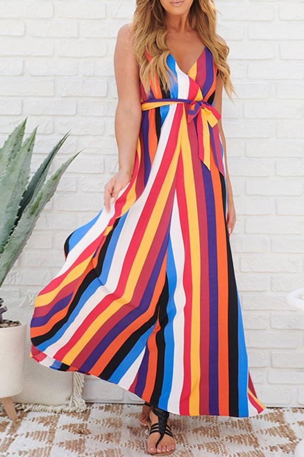 Womens Pretty Rainbow Striped Print Dress-Allyzone-Allyzone