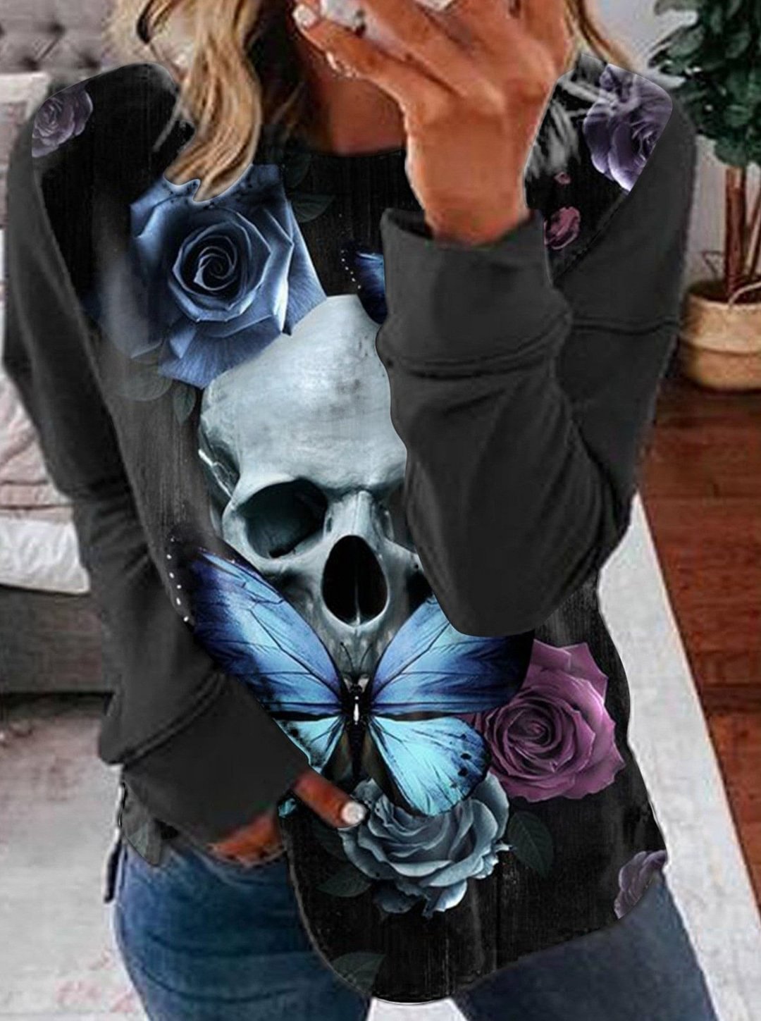 Halloween Skull Print Loose Pullover Long Sleeve Tee