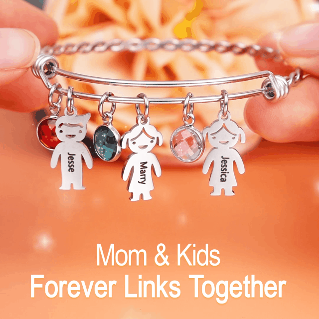 Personalized Kids Charm Bracelet With 2 Birthstones Engraved Names Bracelet Gift For Women
