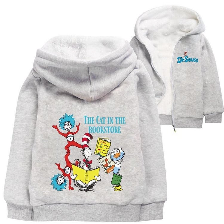 Mayoulove The Cat In The Bookstore Print Girls Boys Fleece Lined Zip Up Hoodie-Mayoulove