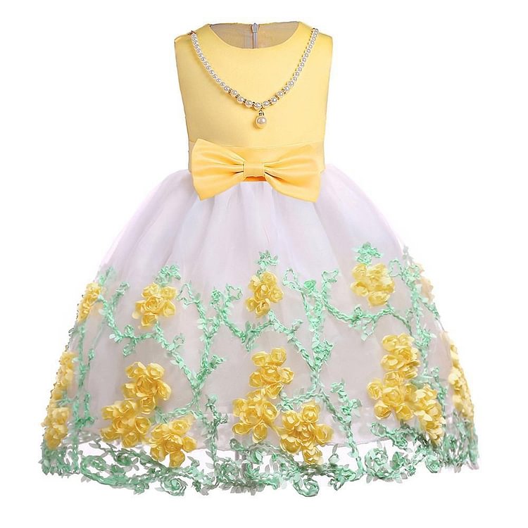 Yellow Flower Girls Pearl Necklace Tulle Bowknot Princess Gown Dress-Mayoulove