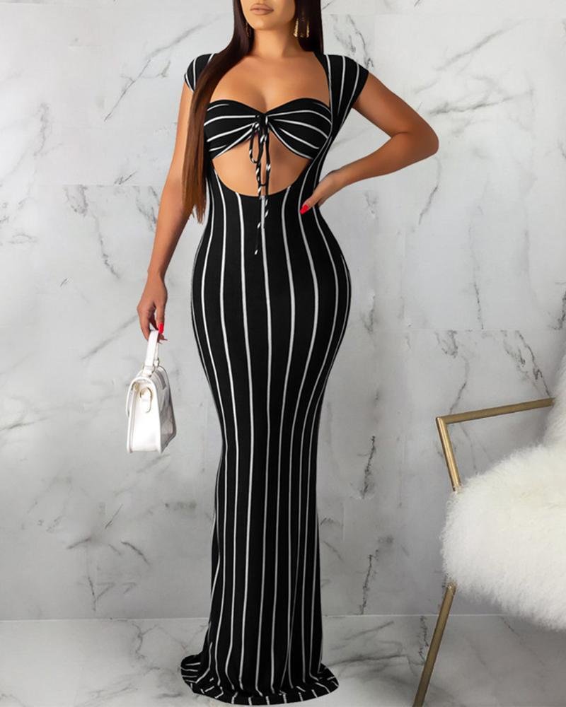 Striped Cutout Bodycon Dress With Knotted Bra P15566