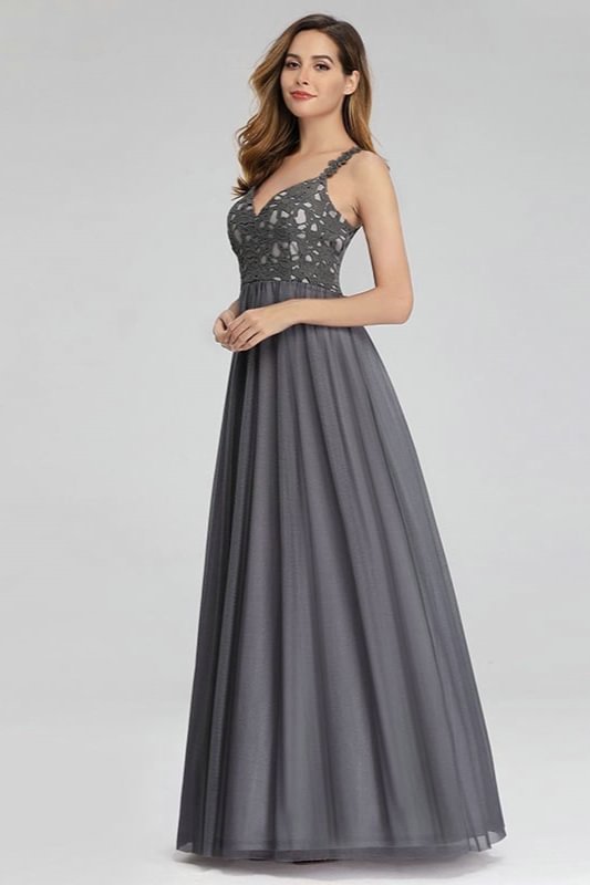 Elegant Grey Lace Tulle Long Evening Prom Dress