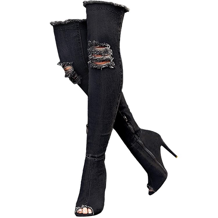 Denim Blue Thigh High Boots for women Summer peep toe stiletto heels fashion Jeans Over The Knee Boots