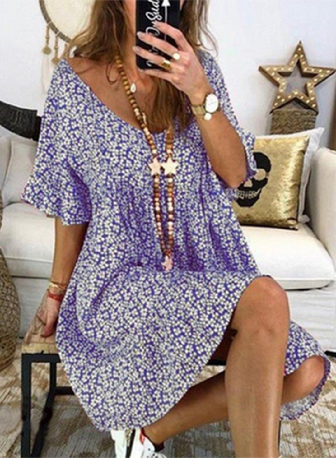 Purple Women's Mini Dresses A-line Floral Short Sleeve V Neck Daily Casual Mini Dress LC225195-8
