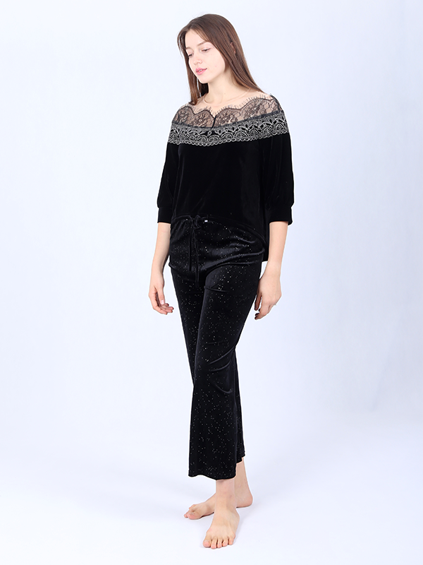 Silk Velvet Casual Set With Lace Neckline-Real Silk Life