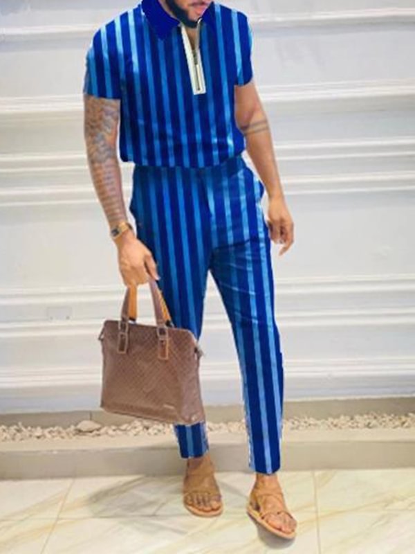 Tiboyz Fashion Men's Outfits Shirt Short Sleeve Striped Casual Set