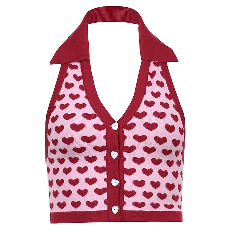 Heart Pattern Button Up Backless V-neck Halter Collared Knitted Top - CODLINS - Codlins