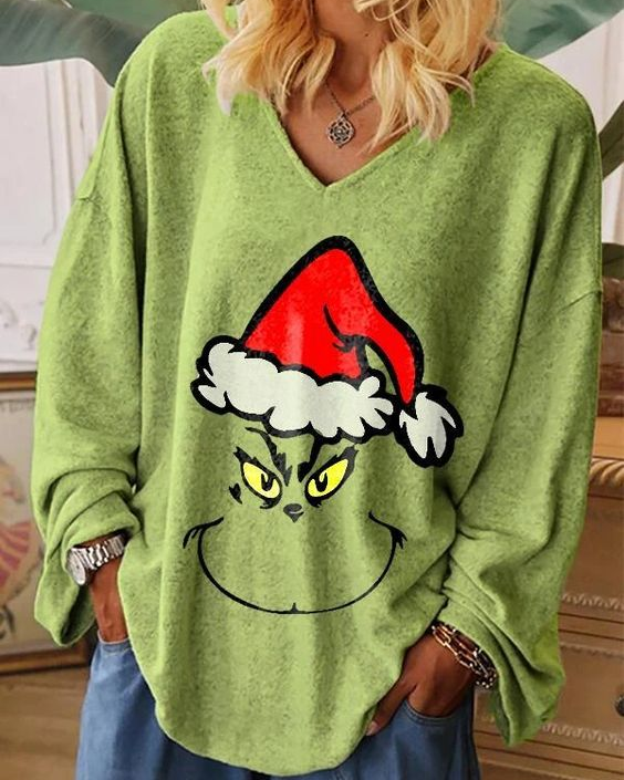 Christmas Hat Grinch Print V Neck Casual Long Sleeve Top