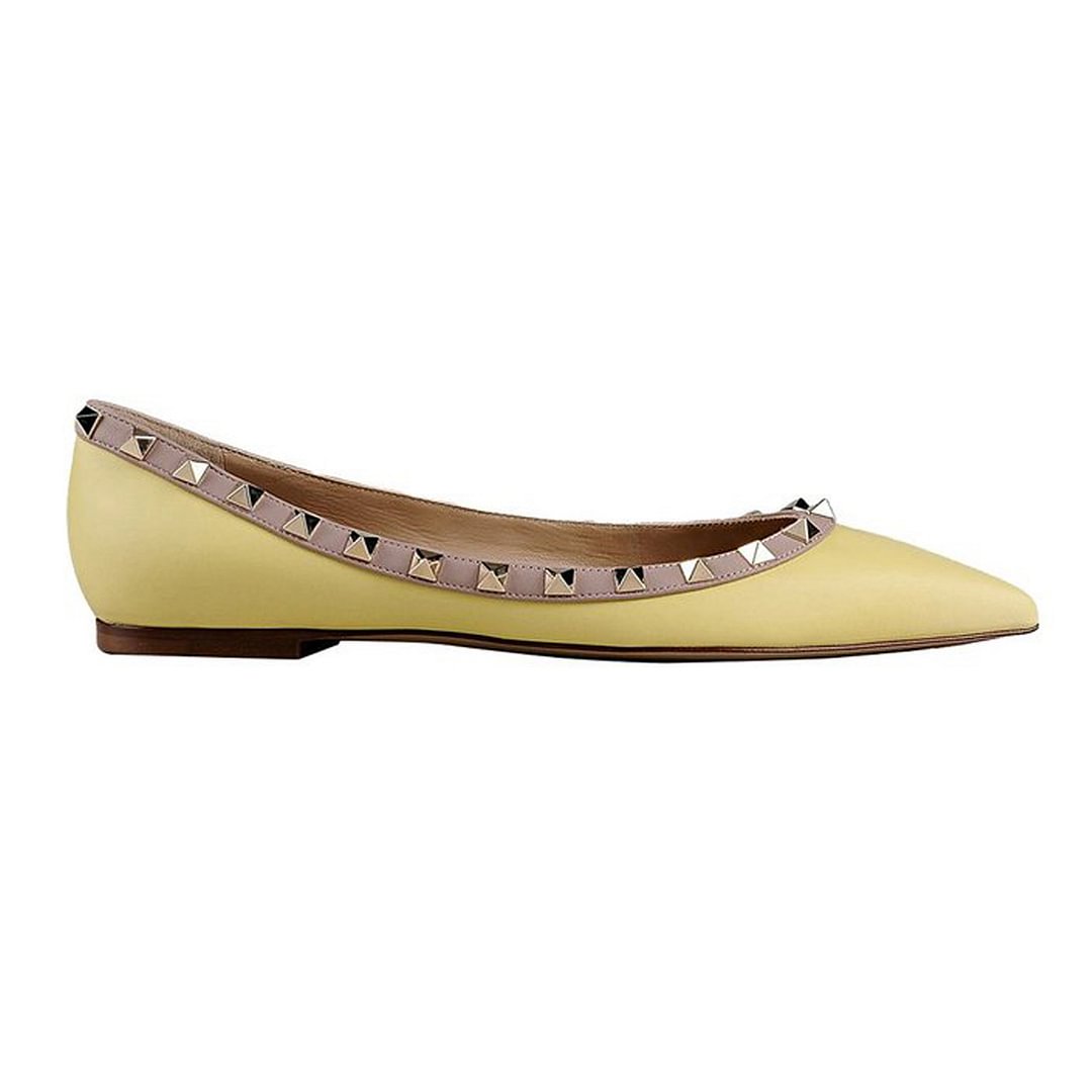 Pointed Toe Flats For Women Fashion Rivets Comfort Ballet Yellow Matte Flats Shoes-vocosishoes