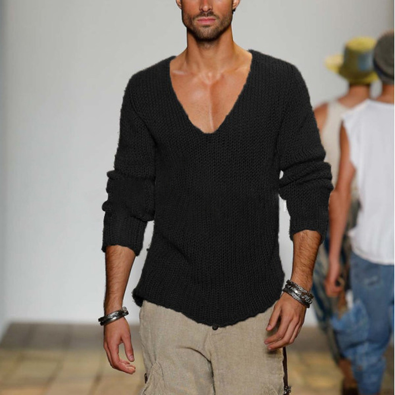 Casual Solid Cotton Pullovers Men's Deep V-Neck Sweaters-VESSFUL