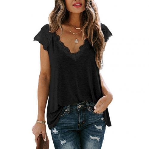 V-neck Lace Sleeveless T-shirt Women Summer New Loose Casual Tees Fashion Solid Color Lace Splice T-shirt