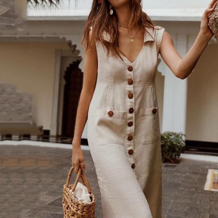 Elegant Sleeveless V-neck Female Cotton Linen Summer Dresses