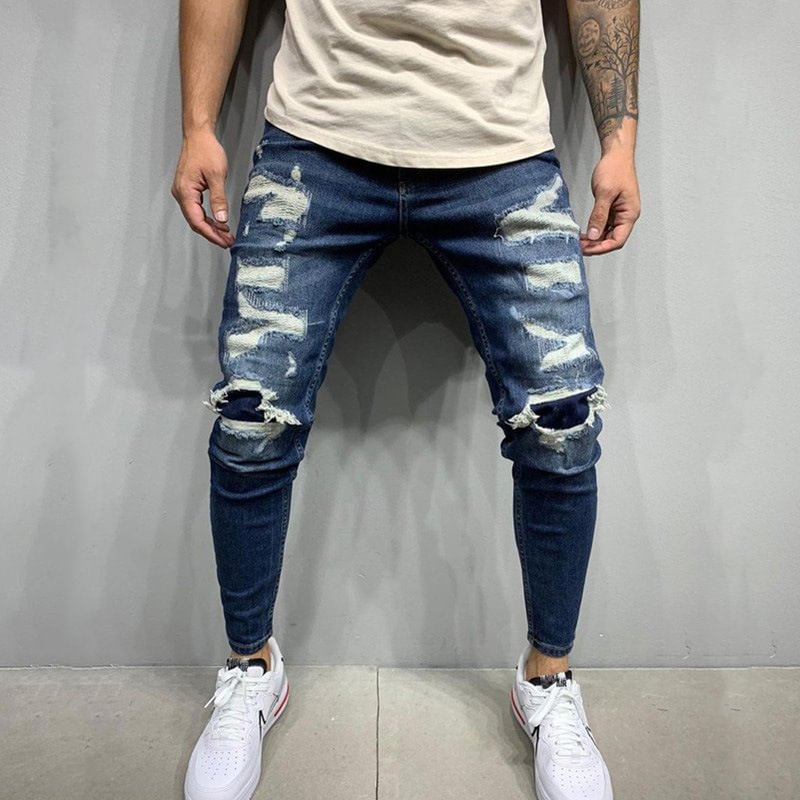 Men's Ripped Slim-fit Patch Jeans / Techwear Club / Techwear