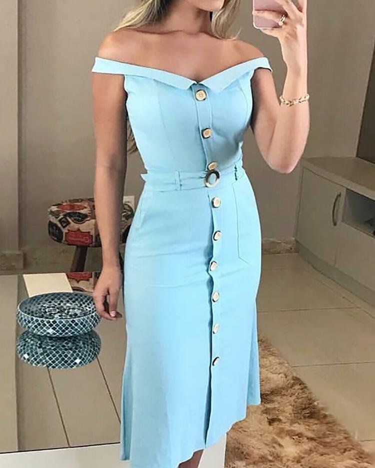 Off Shoulder Button Up Bodycon Dress With Belt P13577