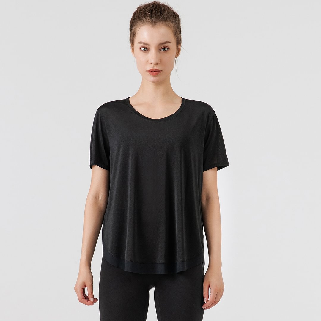 Hergymclothing Black short sleeve v sided split mesh breathable loose sports running t-shirt for sale
