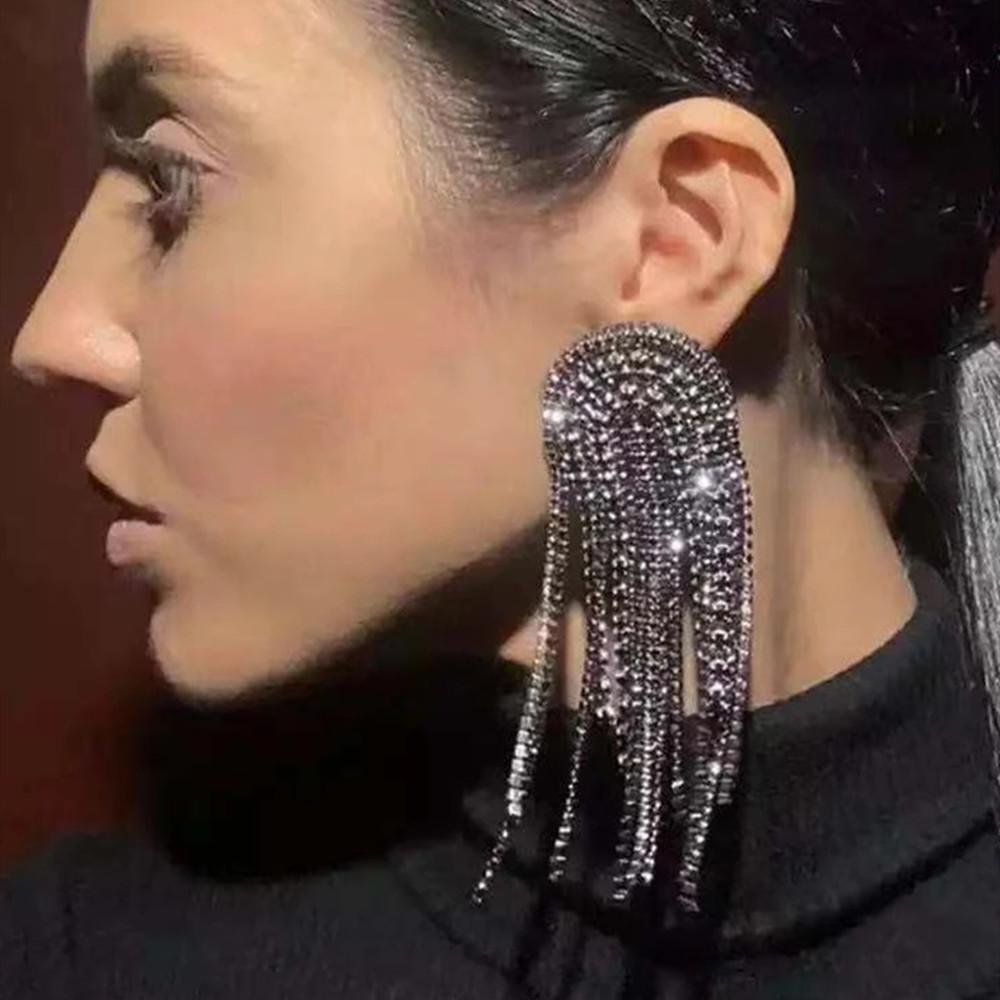 Rhinestone Arched Shape Tassel Drop Bling Earrings-VESSFUL