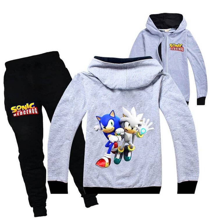 Mayoulove Girls Boys Sonic The Hedgehog Print Zip Up Cotton Hoodie Jogger Pants-Mayoulove