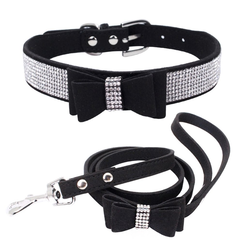 Bling Rhinestone Adjustable Leather Bow Tie KittenDog Cat Collars for Small Medium Pets-VESSFUL