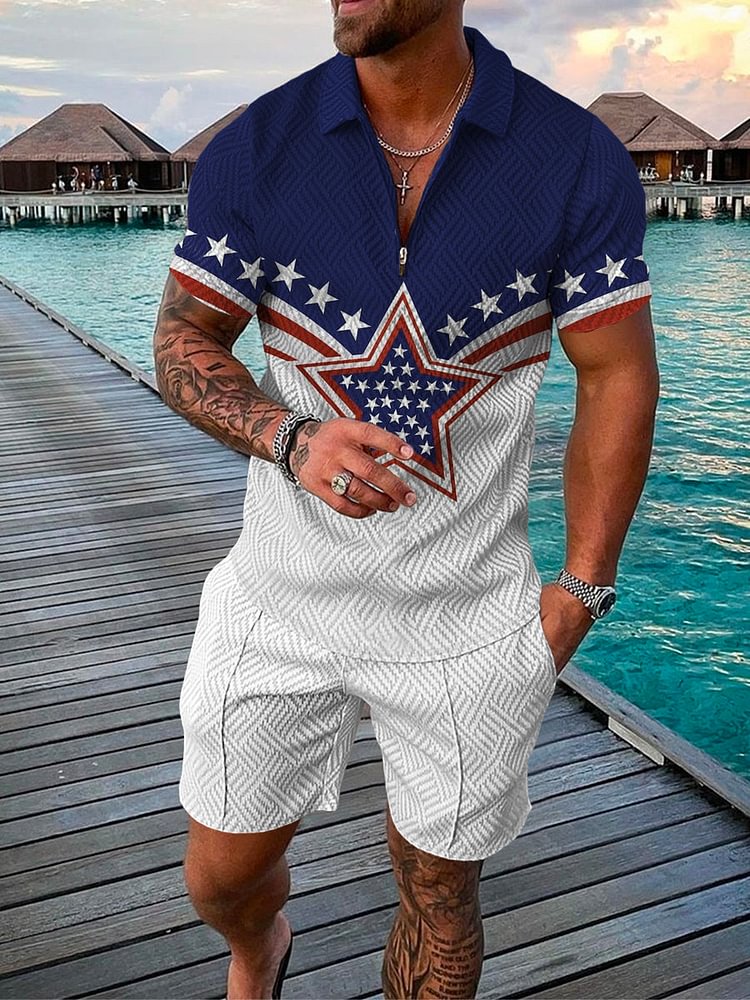 Men's Fashion Pentagram Print Independence Day Polo Suit